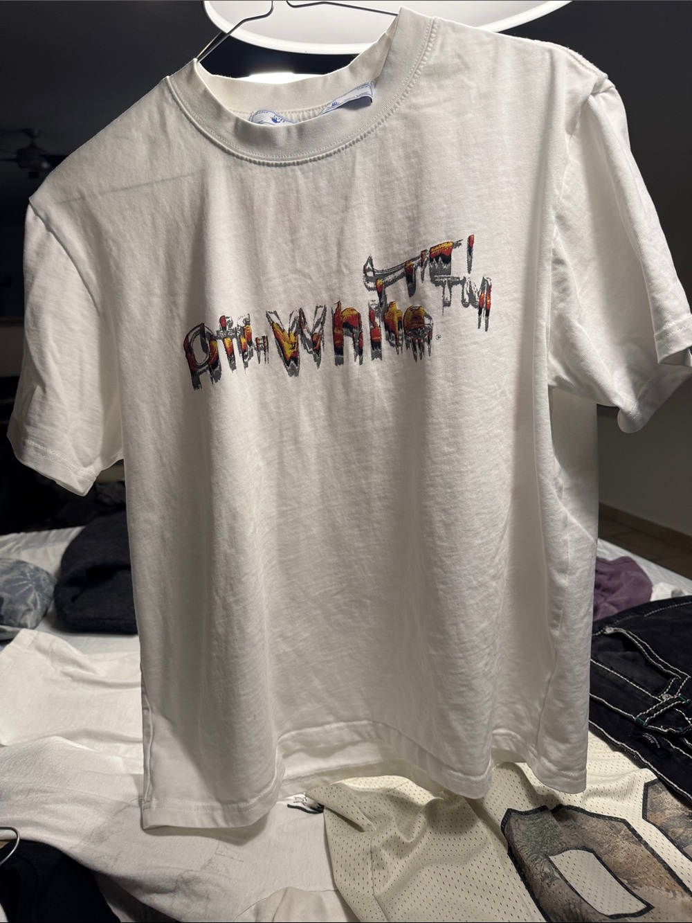 Off-White White Short Sleeve Tee with Red & Yellow Distressed Back Graphic